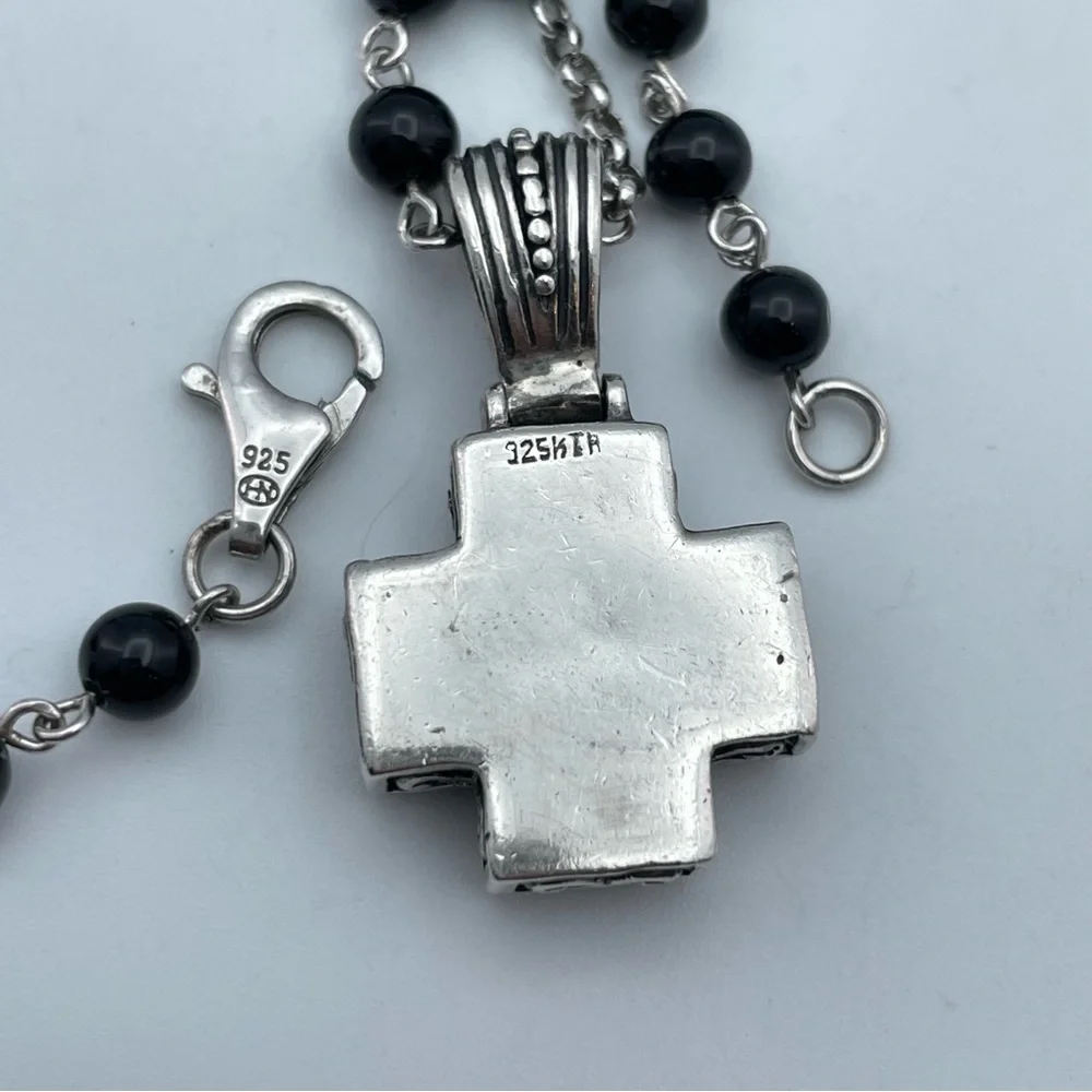 Victorian Gothic Revival 925 Silver Cross Necklace – Black Onyx Beaded Chain